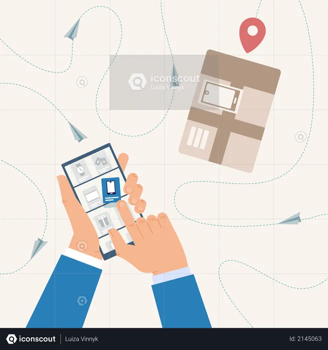 Online shopping, Tracking Delivery Status with Mobile Phone Application  Illustration