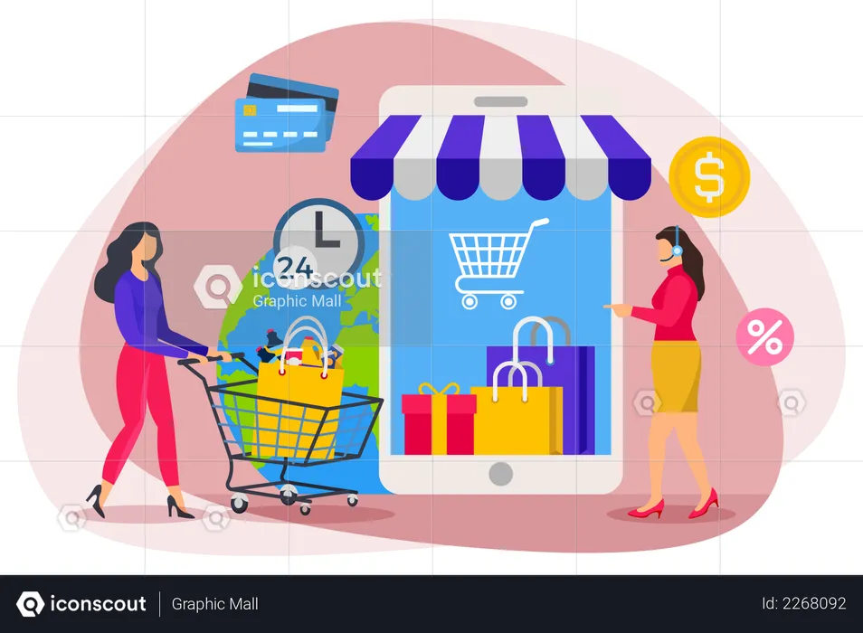 Online shopping with customer support  Illustration