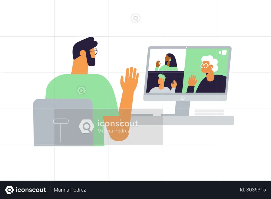 Online video meeting between a young man and group of people  Illustration