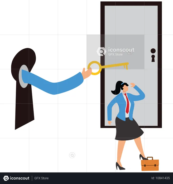 Open the door with a key, The Businesswoman  hand holding the key sticks out of the keyhole  Illustration