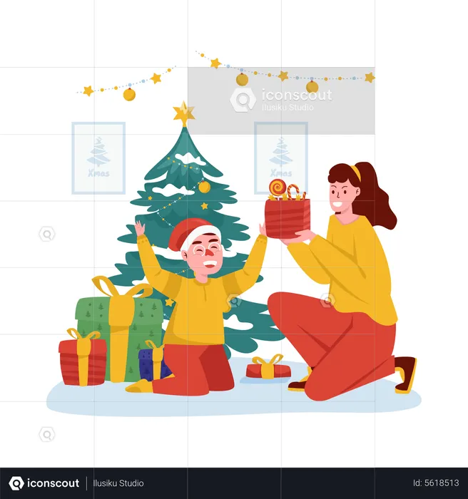 Opening Christmas gift  Illustration