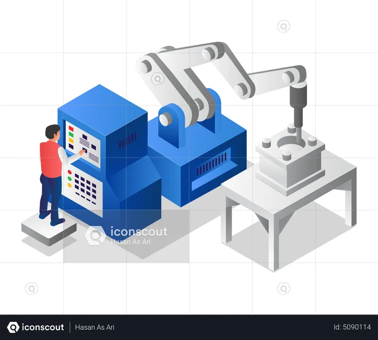 El operador masculino está ejecutando una máquina cnc futurista  Ilustración