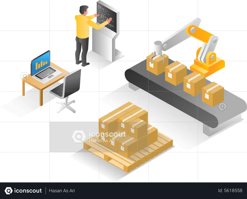 Opérateur contrôlant la machine d'emballage en carton  Illustration