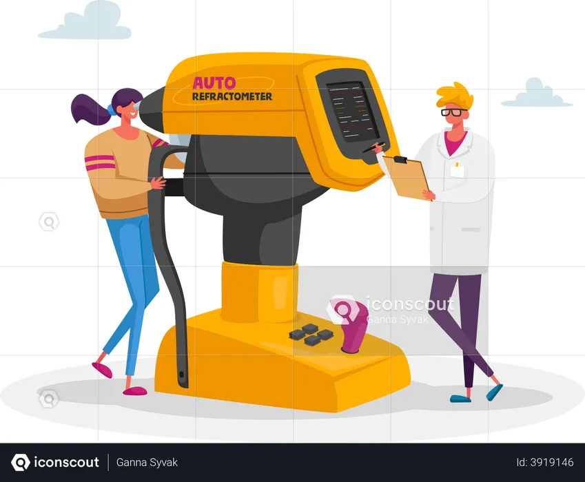 Un médecin ophtalmologiste teste l'œil du patient sur un réfractomètre automatique  Illustration