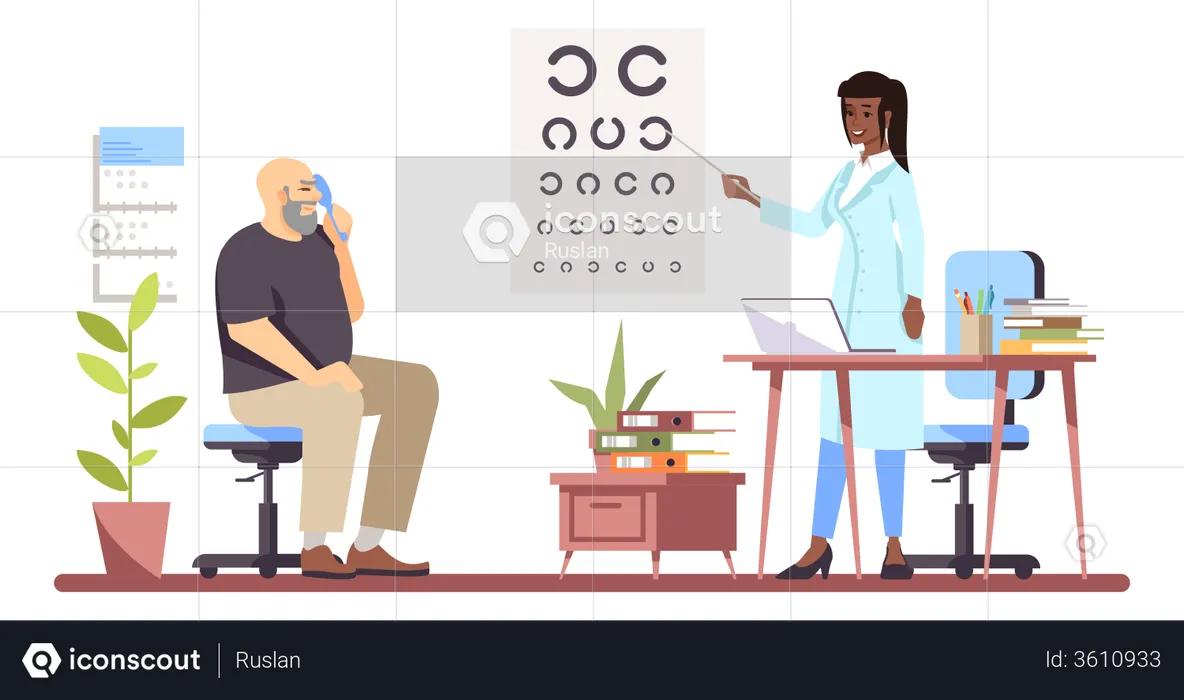 Ophtalmologiste vérifiant la vue d'un vieil homme âgé  Illustration
