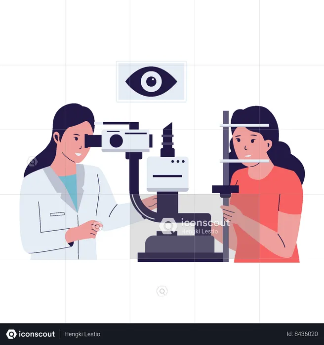 Ophthalmologist checking eyesight of his patient using eye test machine  Illustration
