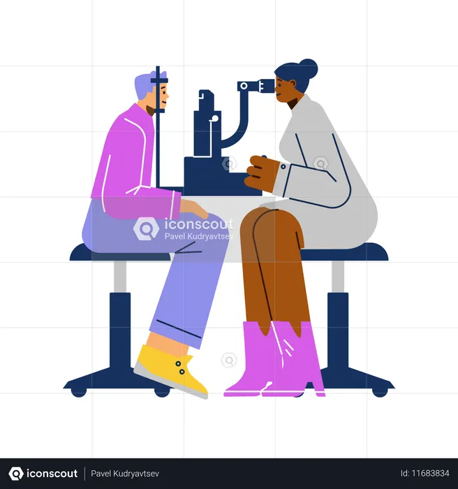 Ophthalmologist checking eyesight of patient using eye microscope test machine  Illustration