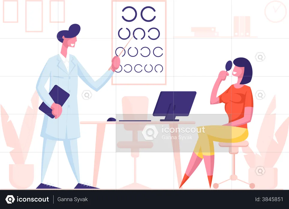 Ophthalmologist Doctor Check Eyesight for Eyeglasses Diopter to Woman  Illustration