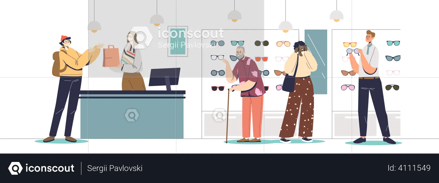 Optics store interior with people choosing and buying eyeglasses  Illustration