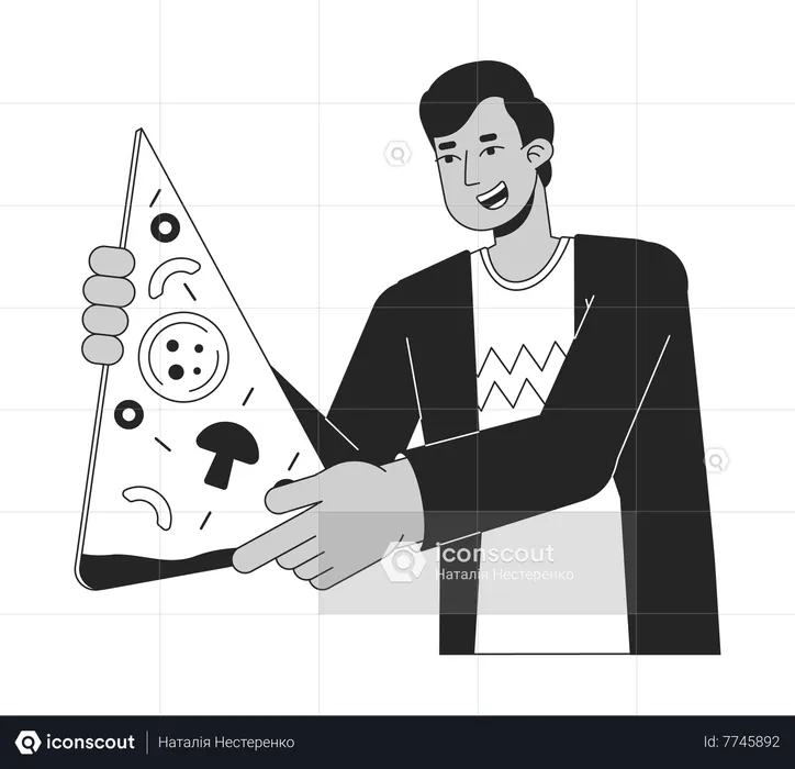 Optimistic indian man with big pizza slice  Illustration