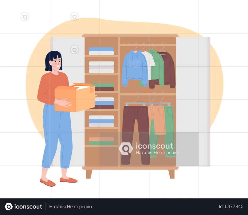 Organizing clothes on shelves in closet  Illustration