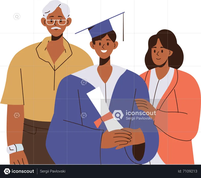 Família orgulhosa e feliz e estudante alegre e graduado juntos  Ilustração