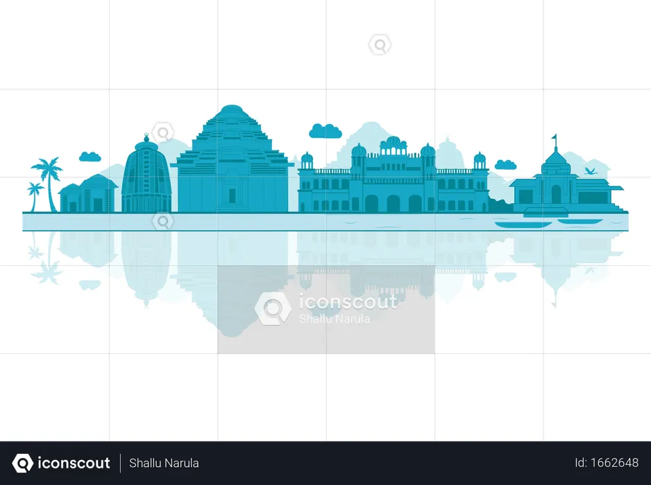 Orissa Skyline silhouette with reflections  Illustration