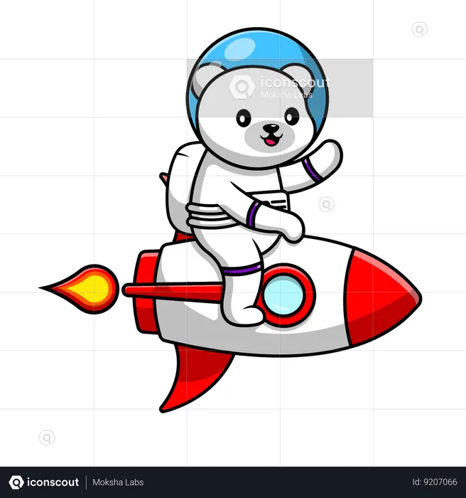 Astronauta del oso polar montando cohete y agitando la mano  Ilustración