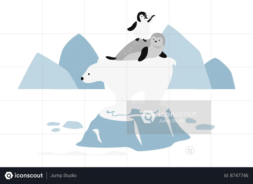 Oso polar, foca y pingüino sobre un iceberg derretido  Ilustración