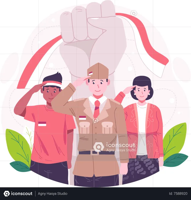 Oung people with respectful gestures celebrating Indonesia Independence Day on August 17th  Illustration