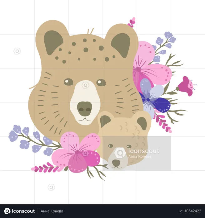 Mère ours et bébé ours avec des fleurs  Illustration