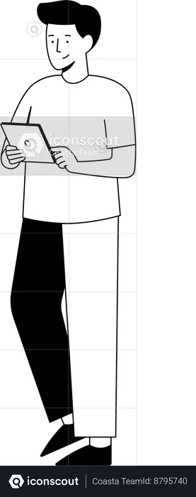 Outline Character Illustration  Man holding an iPad  Illustration