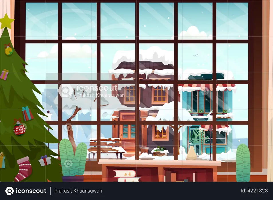 Outside view glass window snow covered roof of house on winter season  Illustration