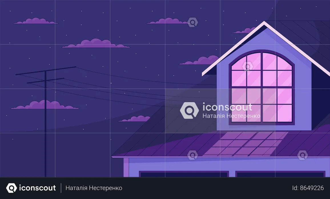 Outside window attic on starry night clouds  Illustration