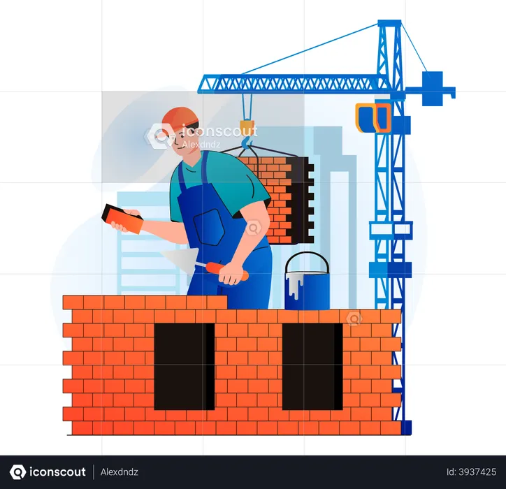 Mur de construction de travailleurs utilisant des briques  Illustration