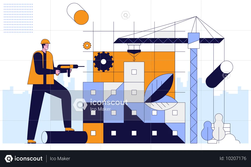 Ouvrier du bâtiment travaillant sur un chantier de construction  Illustration