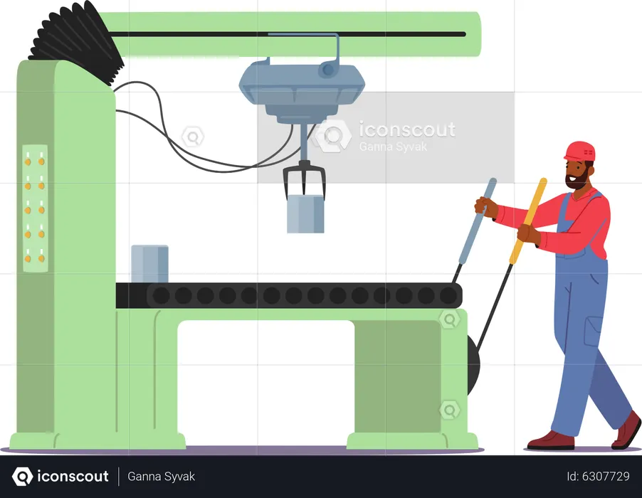 Un ouvrier d'usine gère une machine automatisée sur les détails des produits de fabrication  Illustration