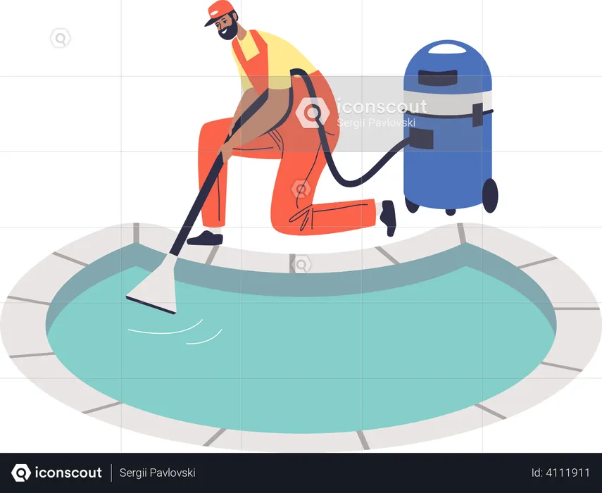 Travailleur nettoyant l'eau dans la piscine avec un aspirateur  Illustration