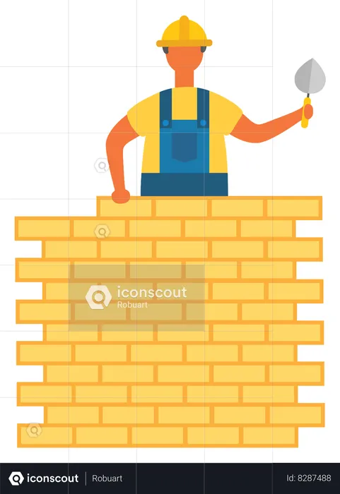 Ouvrier sur la construction de bâtiments, de briques et de murs  Illustration