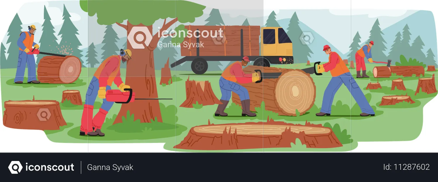 Des ouvriers abattent des arbres dans la forêt  Illustration