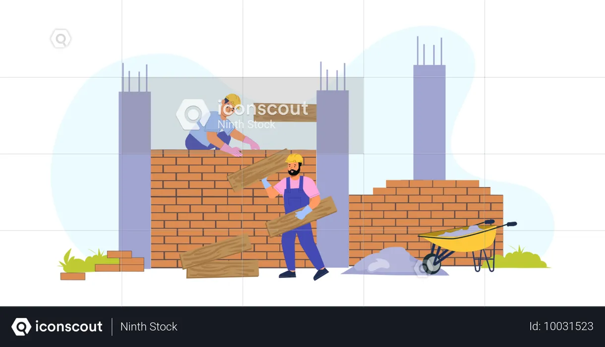 Travailleurs de la construction, bâtiment, mur  Illustration