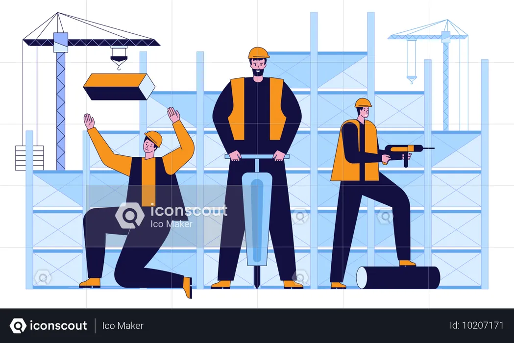 Ouvriers de la construction travaillant sur un chantier de construction  Illustration