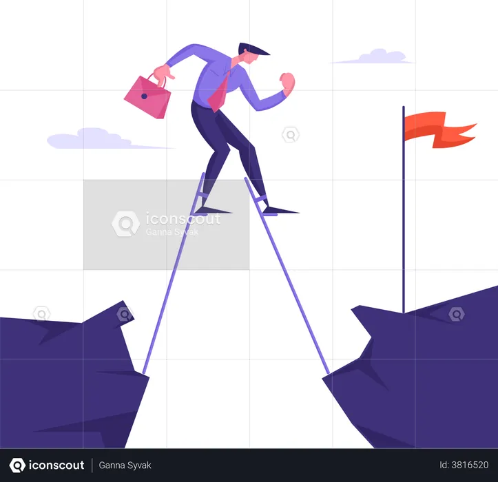 Overcoming Obstacles and Business Competition Concept with Businessman Crossing Abyss on Stilts to Get Red Flag and Achieve Goal. Career Boost and Task Solution. Cartoon Flat Vector Illustration  Illustration