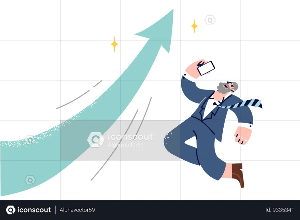 Overjoyed businessman jumps to celebrate growth of company  Illustration