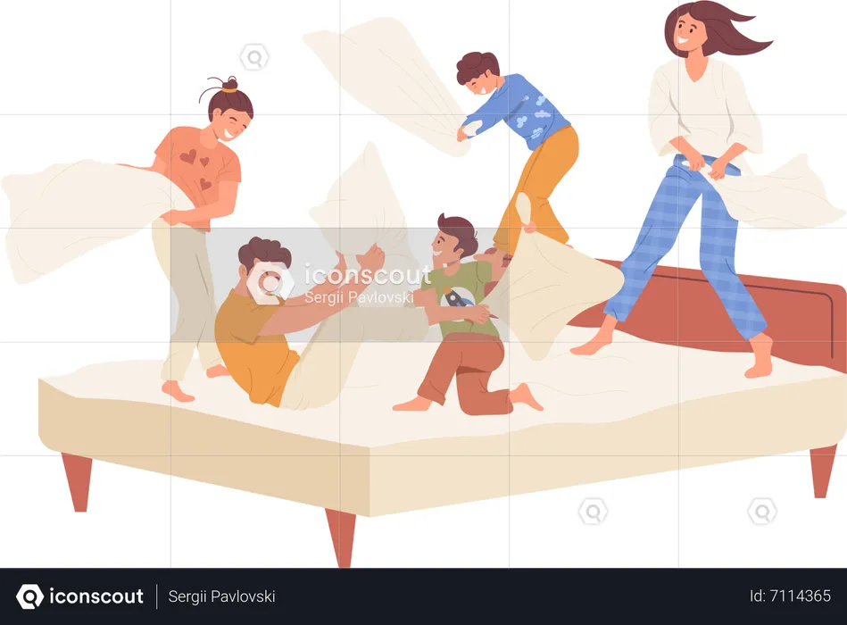Overjoyed children having fun with excited parents fighting with pillow on bed in bedroom at home  Illustration