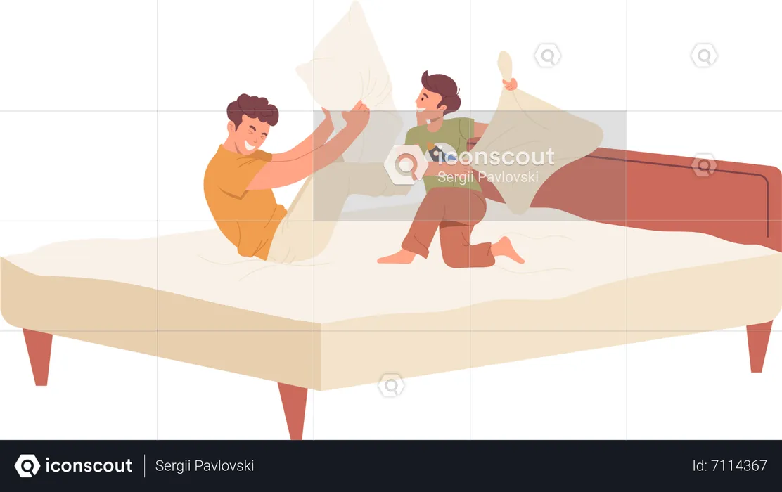 Overjoyed dad and little son child playing pillows in bed spending time together  Illustration