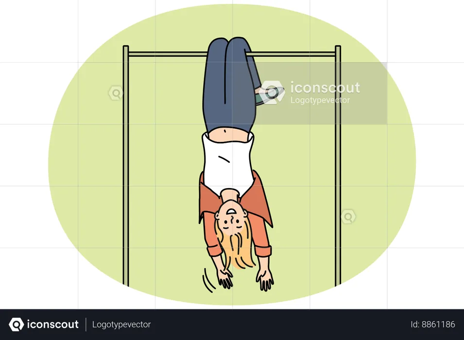 Overjoyed woman hanging upside down on bar  Illustration