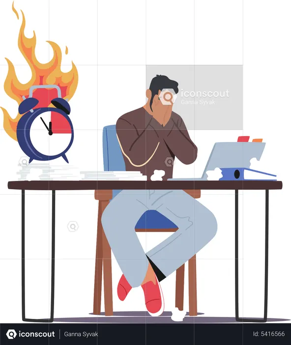 Overloaded Male Employee Sitting at Workplace with Computer and Heap of Documents  Illustration