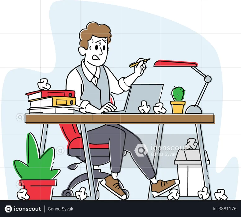 Overloaded stressed employee completing work  Illustration