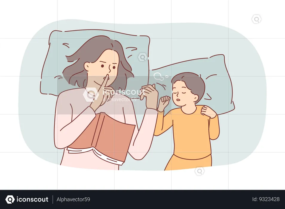 Overprotection from mother making gesture of silence lying in bed with sleeping child  Illustration