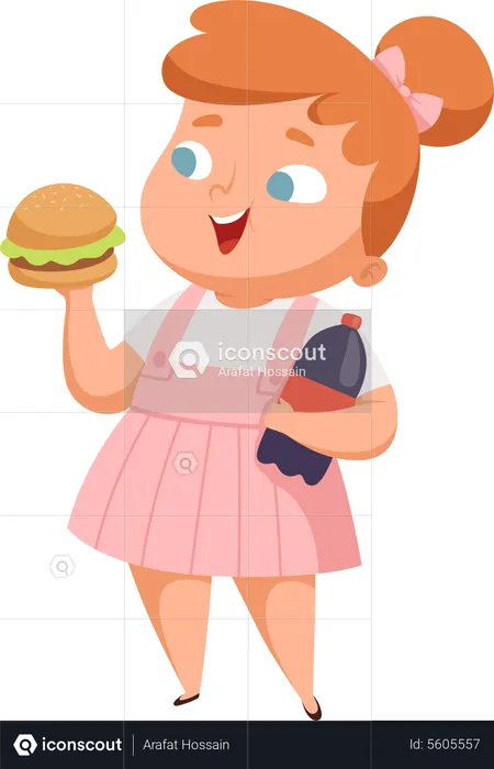 Overweight Girl Eating Burger  Illustration
