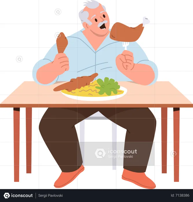 Overweight man eating junk unhealthy food  Illustration