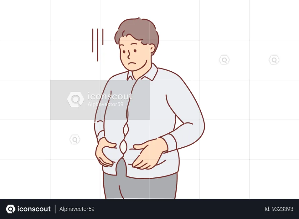 Overweight man is upset holding stomach dressed in small shirt and needs to consult nutritionist  Illustration