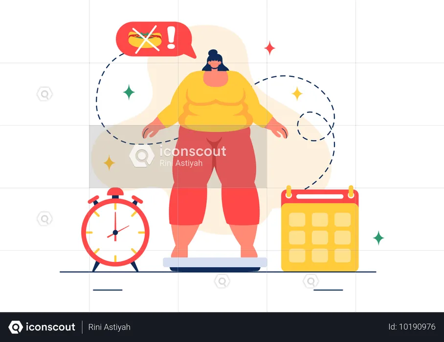 Overweight woman avoiding junk food to reduce body fat  Illustration