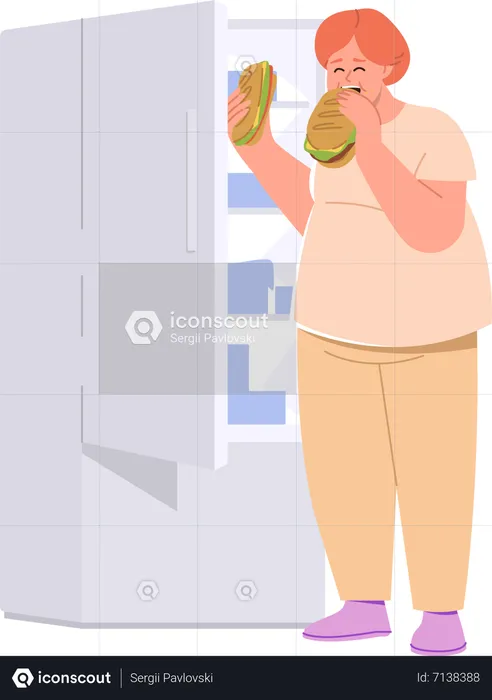 Overweight woman eating sandwich standing front of opened refrigerator  Illustration
