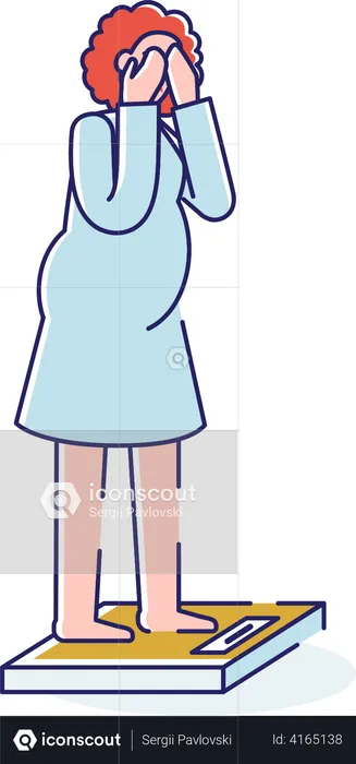 Overweight woman standing on weight scale with closed eyes  Illustration