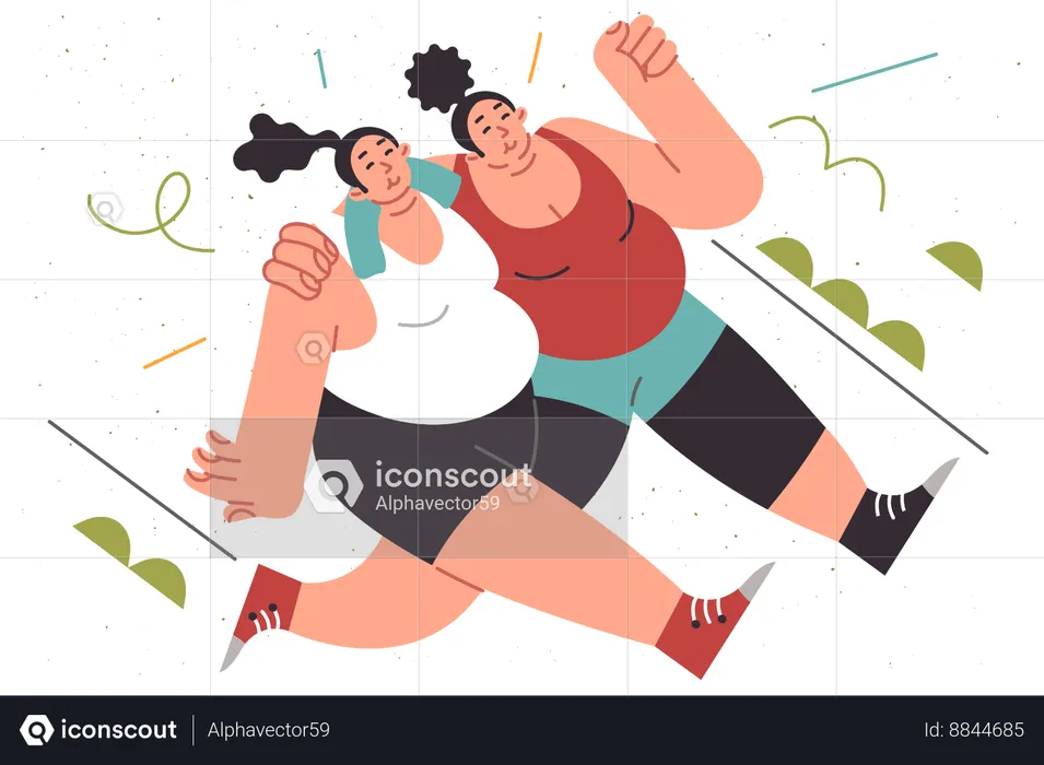 Overweight women run through park while hugging each other  Illustration