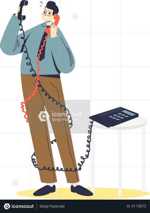 Overworked businessman having two phone conversation  Illustration