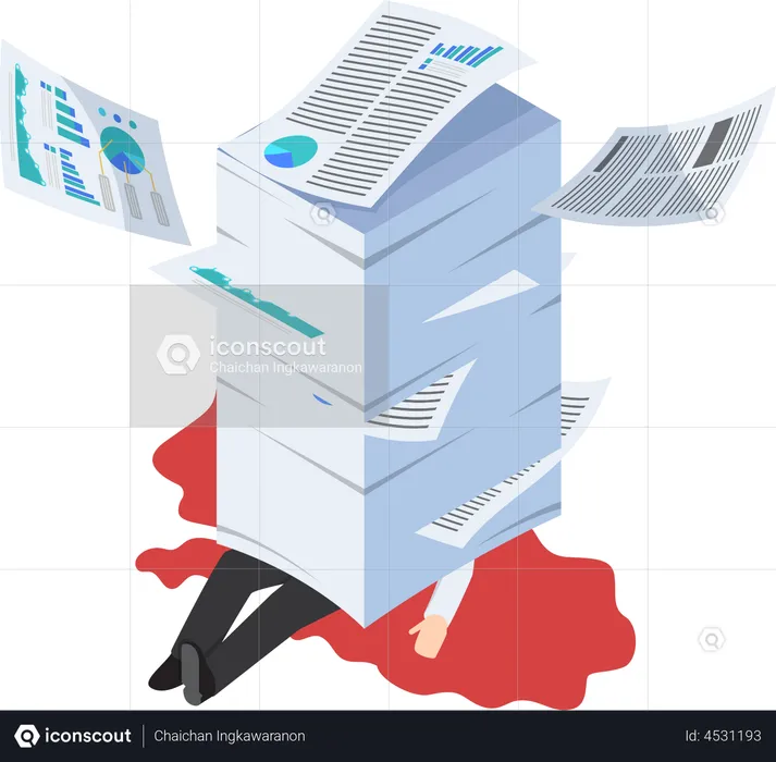 Overworked businessman under the stack of paper, hard working concept  Illustration