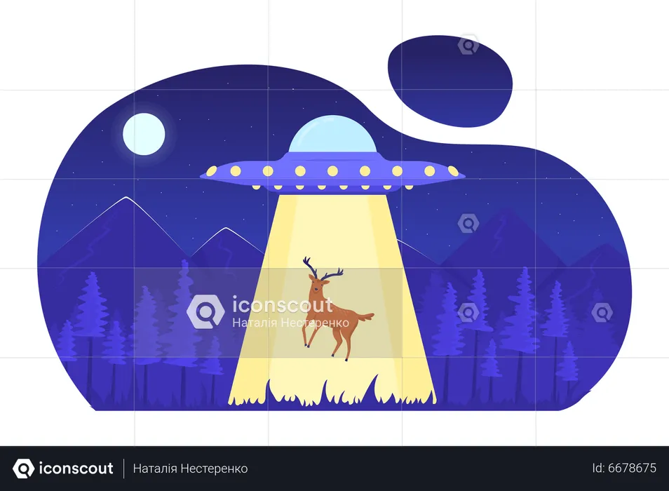 OVNI sequestrando cervos em floresta noturna  Ilustração